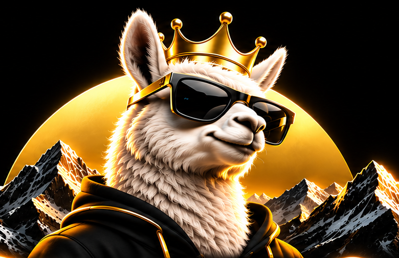Llama con corona dorada y lentes de sol frente a montañas nevadas, la mascota de bigpatagon